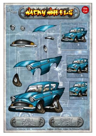 LaPashe Paper Tole Diecut Card Topper - Wacky Wheelz Ford Anglia